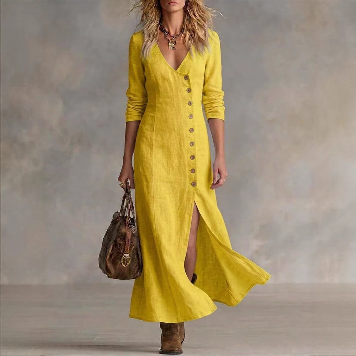 Fashionable Casual Cotton-Linen Long-Sleeve Womens Dress NorixaFashion.com