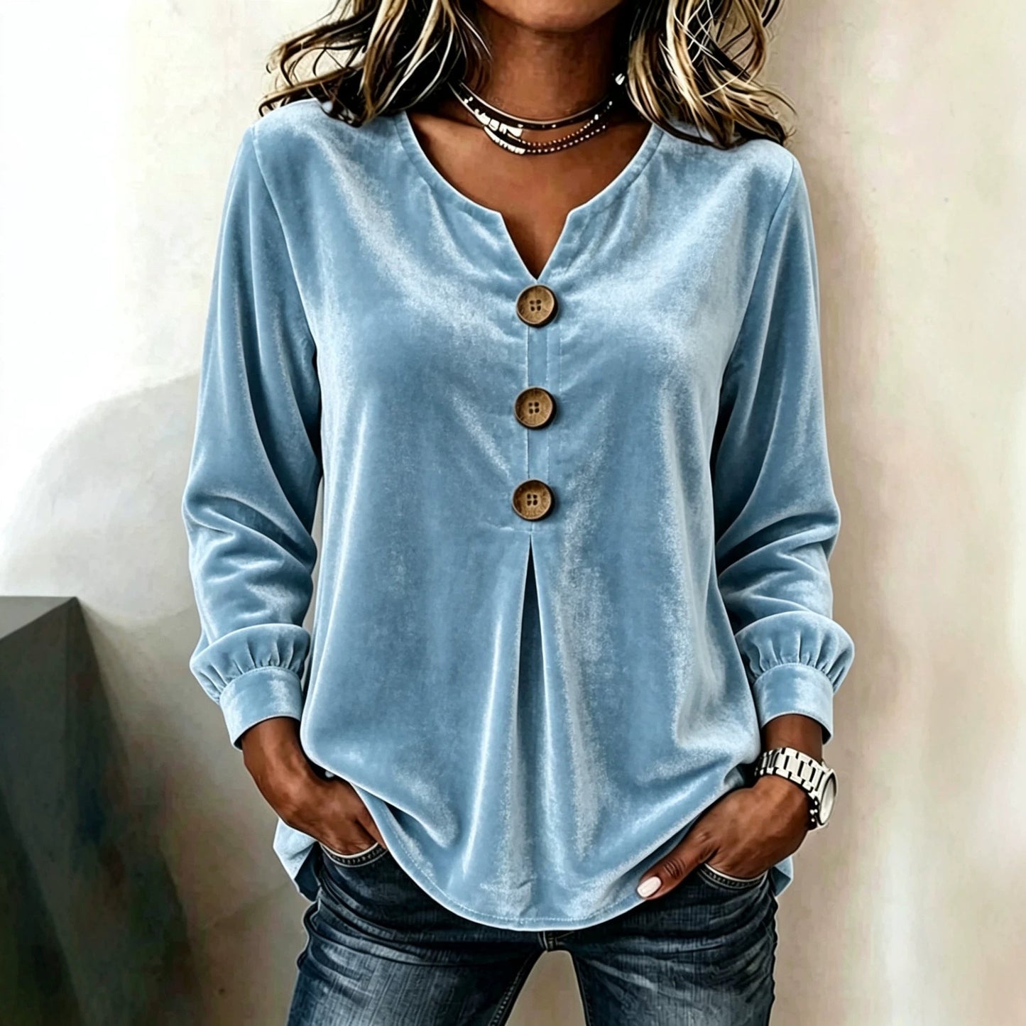 Elegant V-neck Buttoned Long-sleeve Velvet Blouse For Women NorixaFashion.com