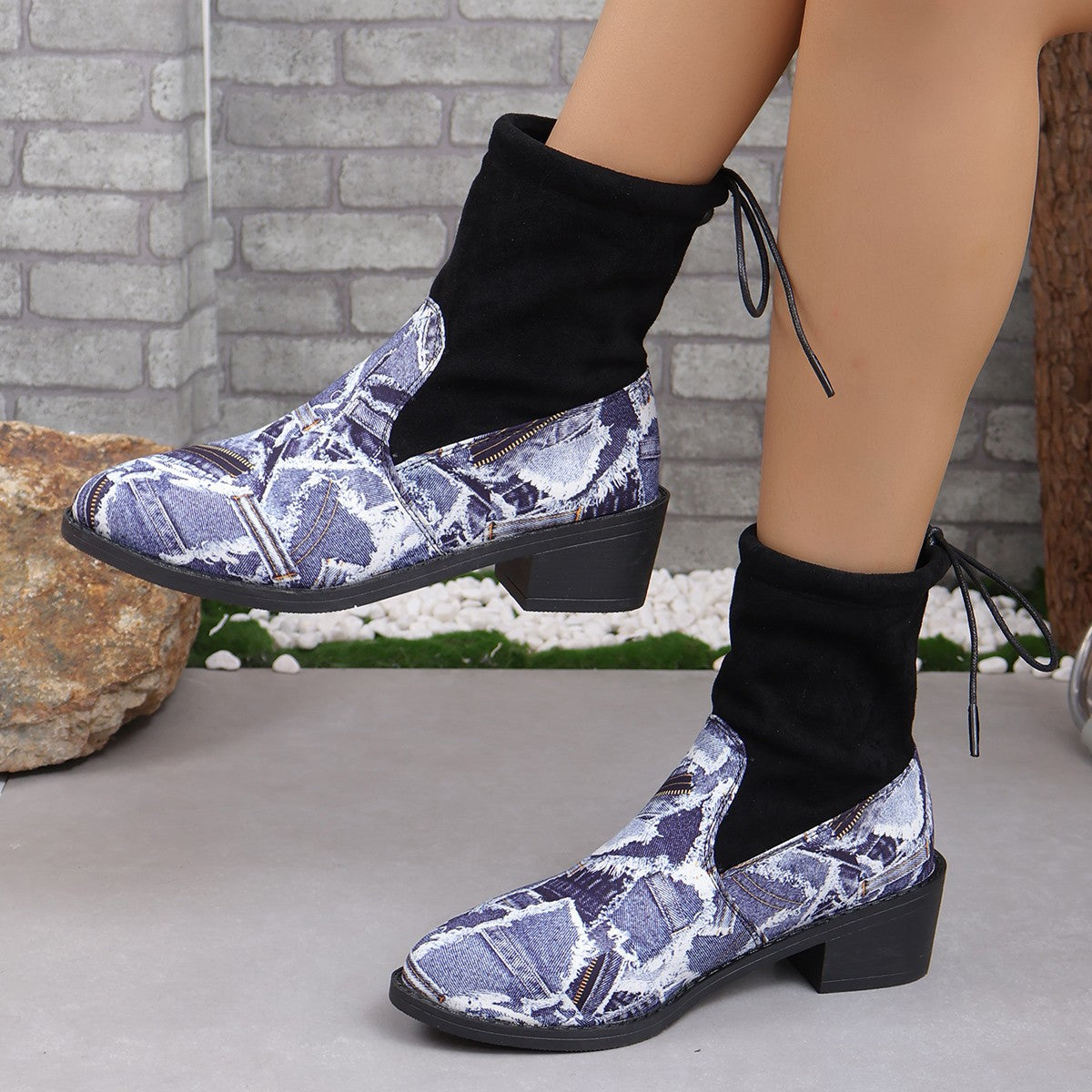 Serpentine Print Sock Boots Women Fashion Square Chunky Heels Cowboy Boots Autumn And Winter Back Lace-up Round Toe Shoes LadyShow.Store