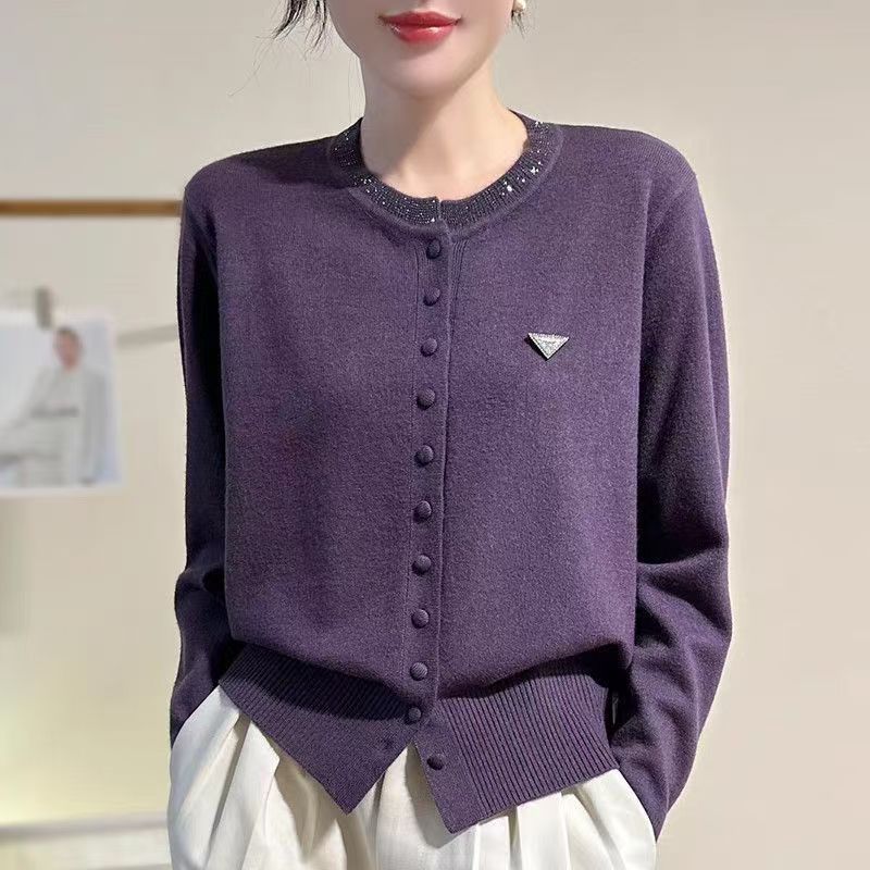 Womens Round-Neck, Diamond-Embellished, Solid-Colored Knit Cardigan LadyShow.Store