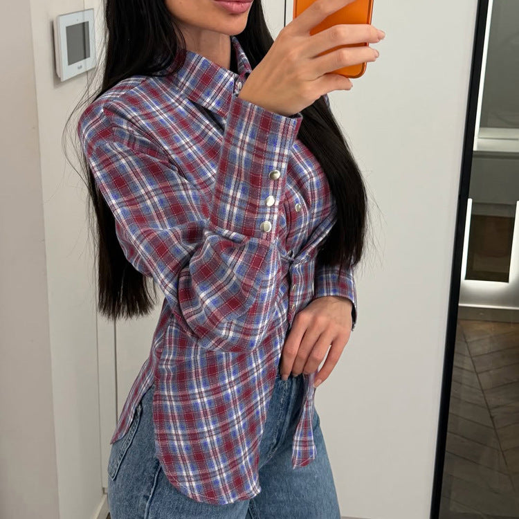 Retro Plaid Collared Long-sleeved Fitted Shirt NorixaFashion.com
