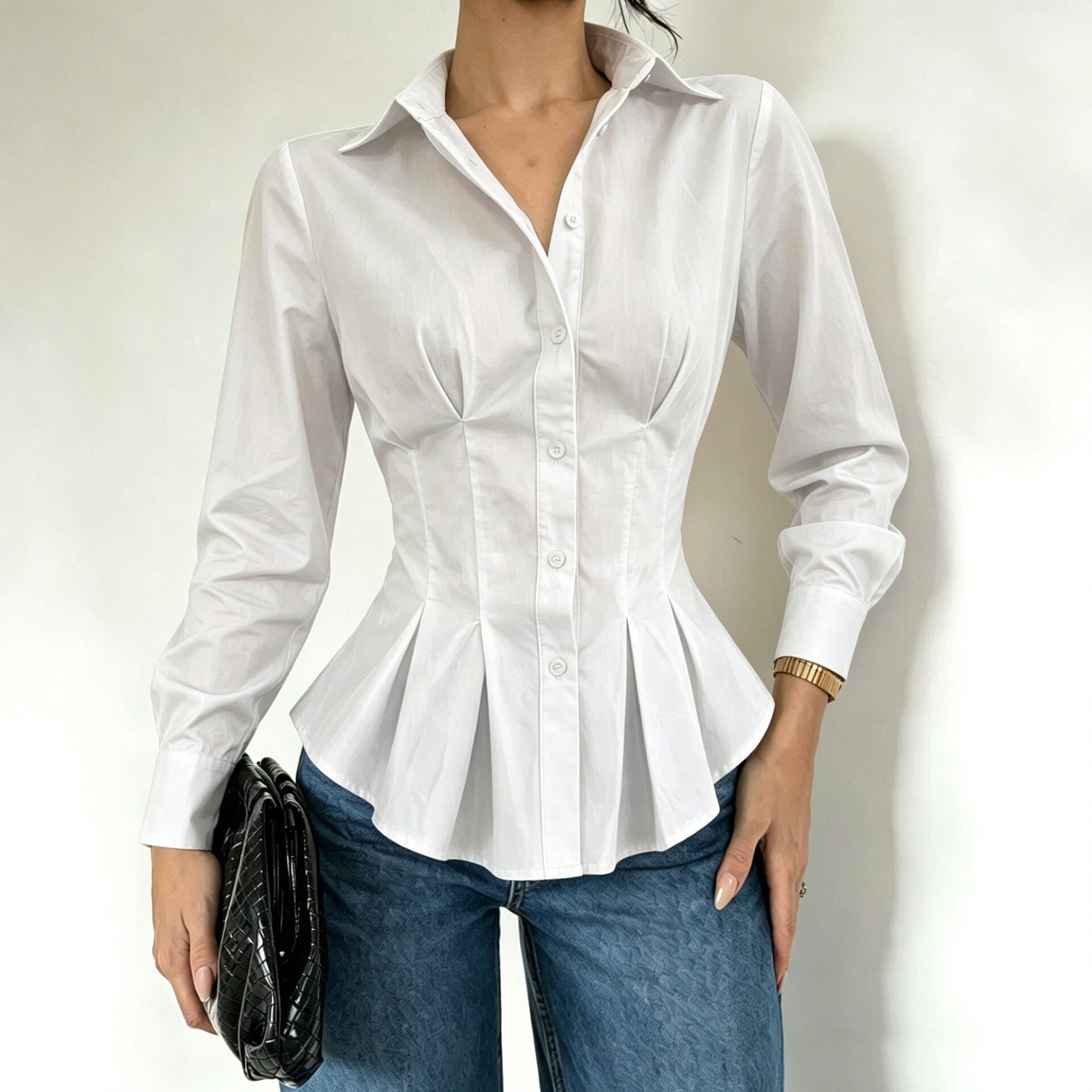 Fitted-waist Long-sleeve Shirt With Pleated Waist Detailing NorixaFashion.com