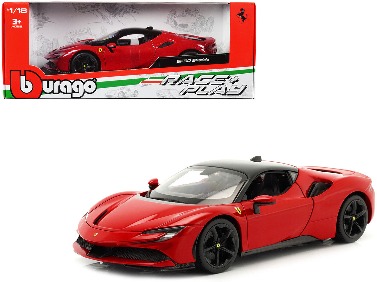 Ferrari SF90 Stradale Red with Black Top "Race + Play" Series 1/18 Diecast Model Car by Bburago LuxuryLifeWay Online Store