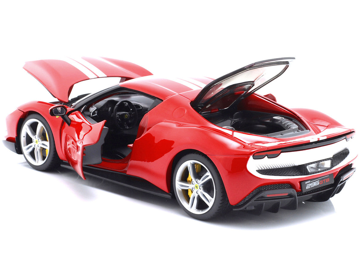 Ferrari 296 GTB Assetto Fiorano Red with White Stripes "Race + Play" Series 1/18 Diecast Model Car by Bburago LuxuryLifeWay Online Store