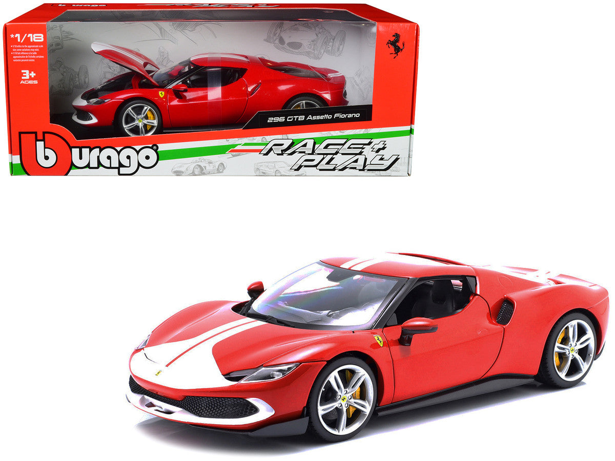 Ferrari 296 GTB Assetto Fiorano Red with White Stripes "Race + Play" Series 1/18 Diecast Model Car by Bburago LuxuryLifeWay Online Store