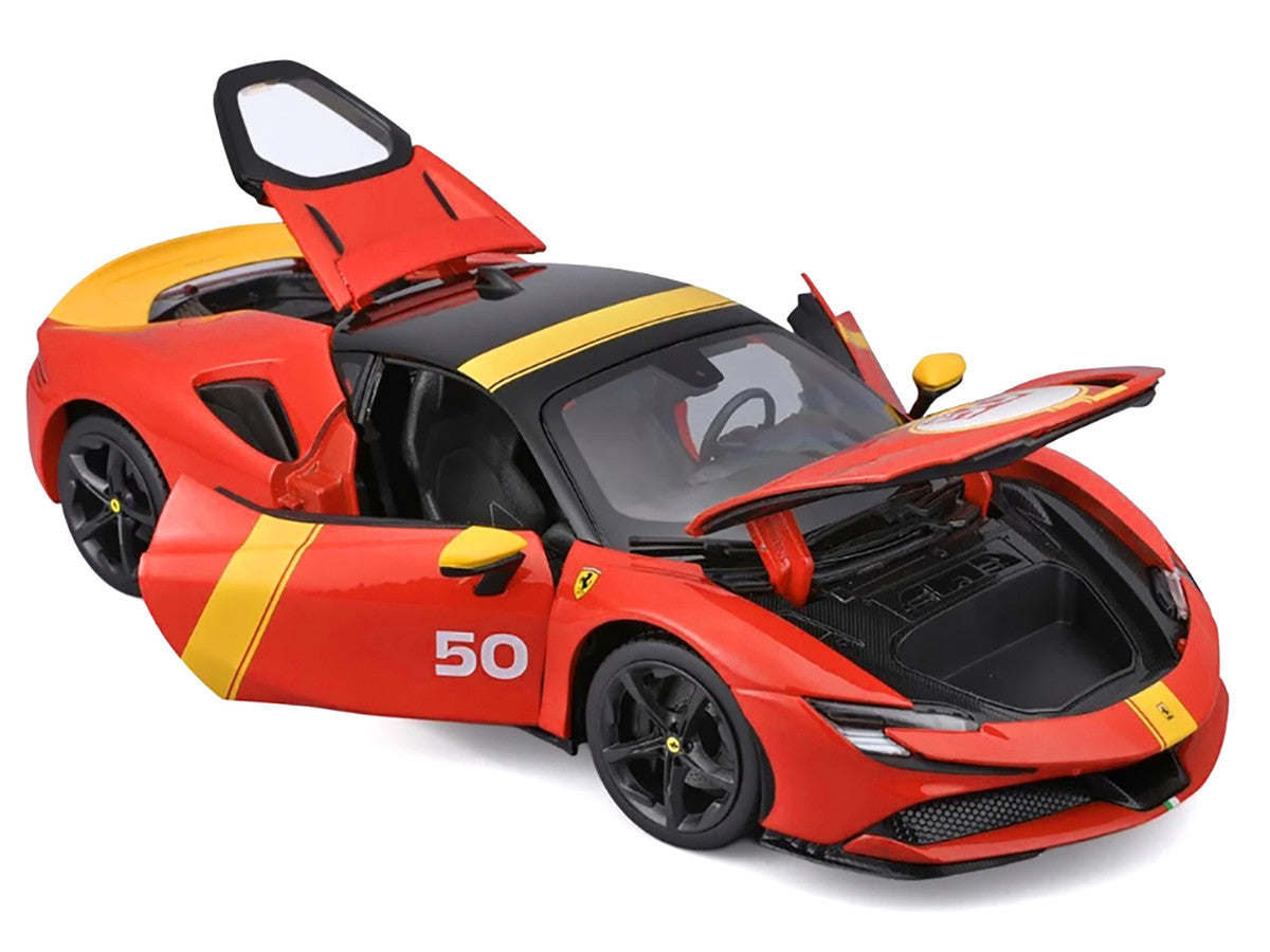 Ferrari SF90 Stradale Assetto Fiorano #50 Red with Black Top and Yellow Stripes "Race + Play" Series 1/18 Diecast Model Car by Bburago LuxuryLifeWay Online Store