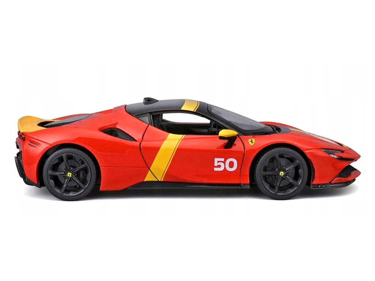 Ferrari SF90 Stradale Assetto Fiorano #50 Red with Black Top and Yellow Stripes "Race + Play" Series 1/18 Diecast Model Car by Bburago LuxuryLifeWay Online Store