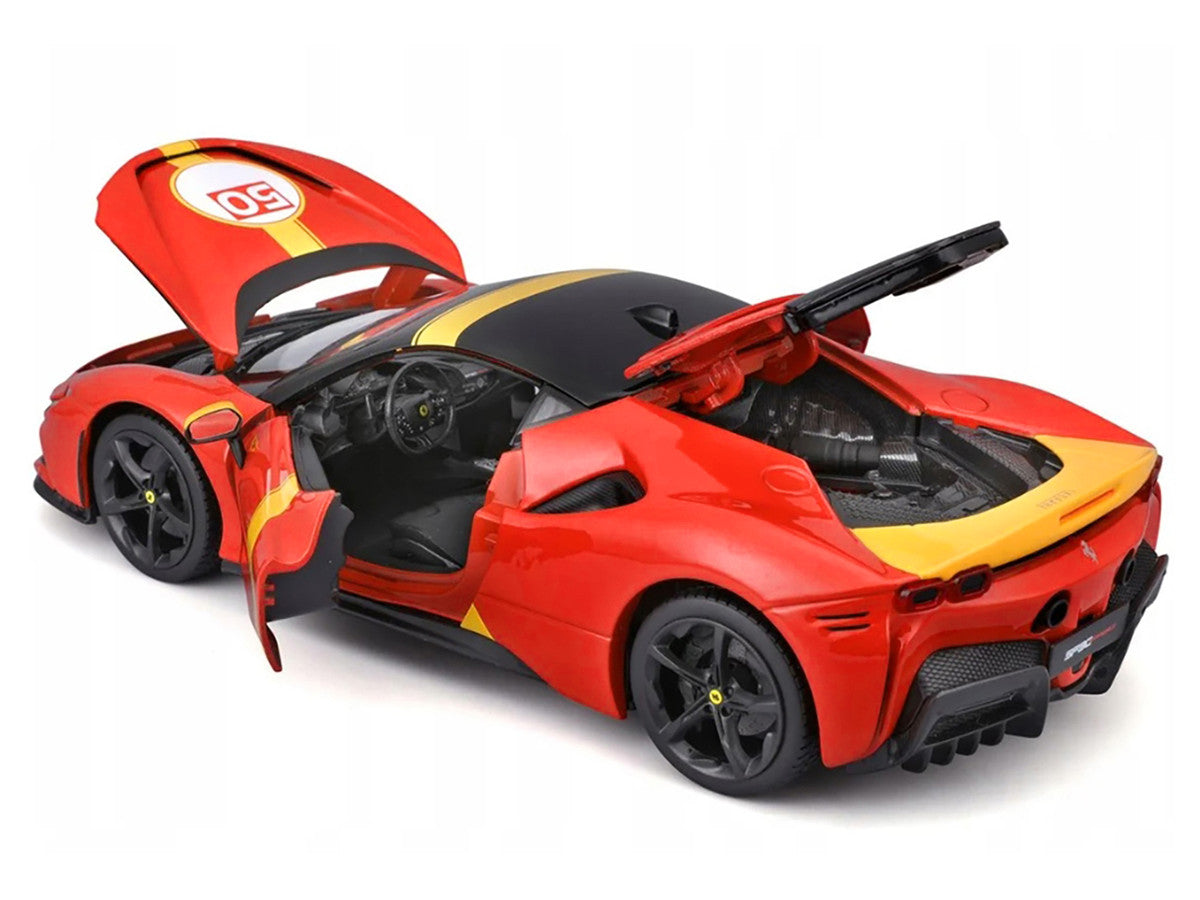 Ferrari SF90 Stradale Assetto Fiorano #50 Red with Black Top and Yellow Stripes "Race + Play" Series 1/18 Diecast Model Car by Bburago LuxuryLifeWay Online Store