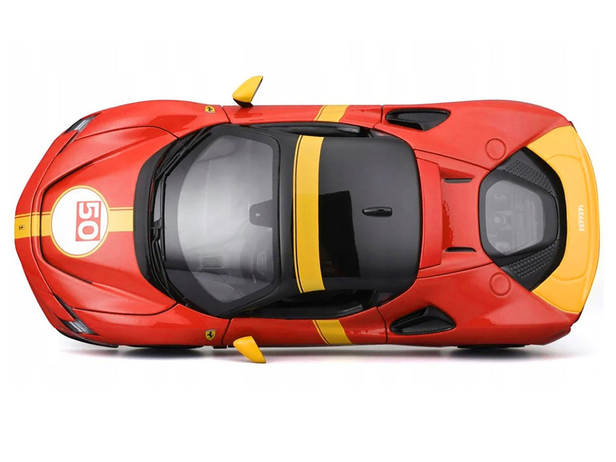 Ferrari SF90 Stradale Assetto Fiorano #50 Red with Black Top and Yellow Stripes "Race + Play" Series 1/18 Diecast Model Car by Bburago LuxuryLifeWay Online Store