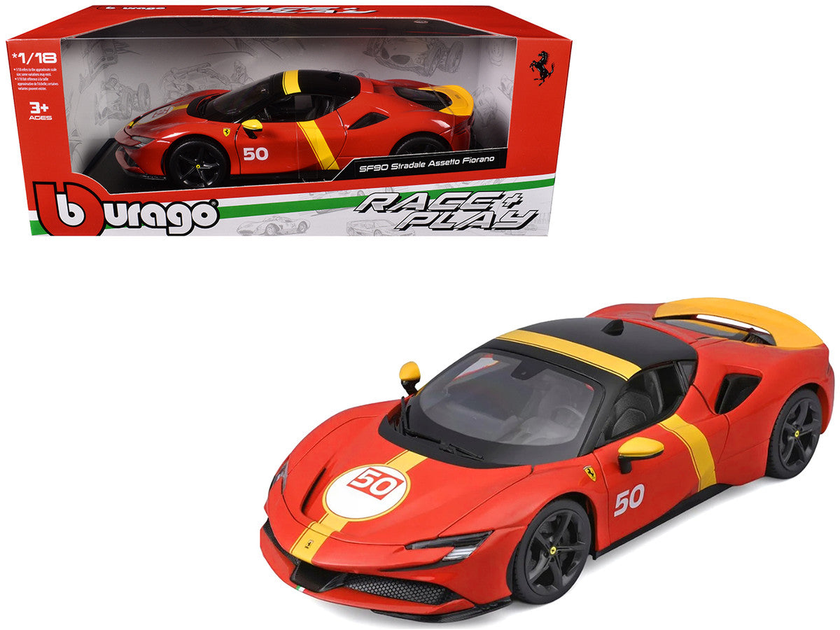 Ferrari SF90 Stradale Assetto Fiorano #50 Red with Black Top and Yellow Stripes "Race + Play" Series 1/18 Diecast Model Car by Bburago LuxuryLifeWay Online Store