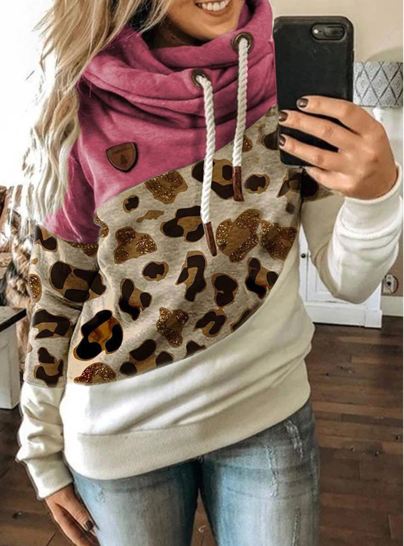 Printed stitching hooded fleece loose sweatshirt