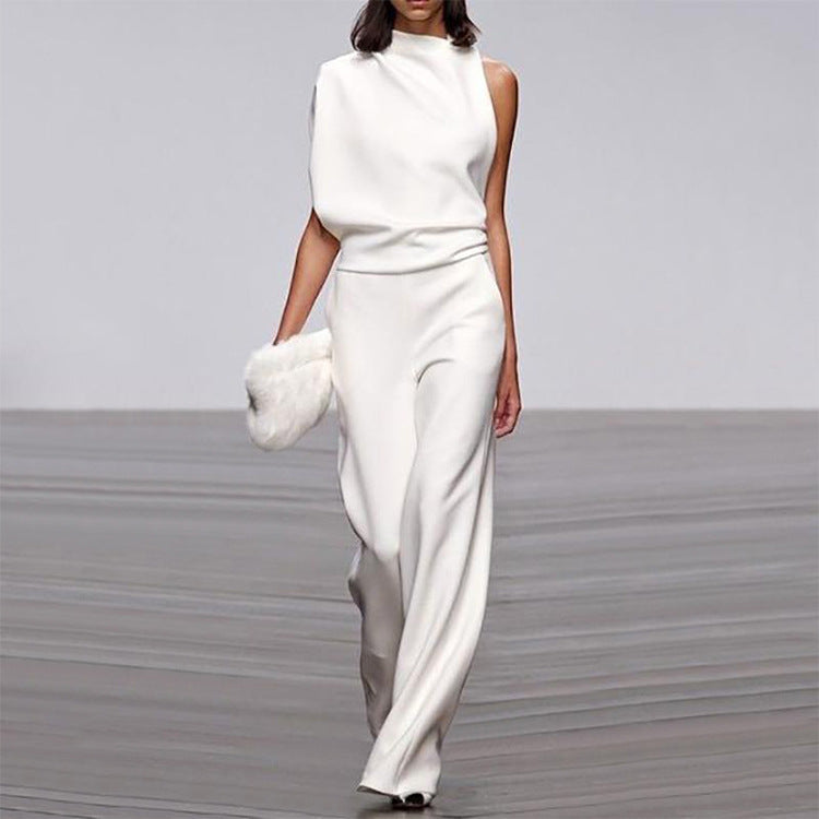 Solid Color One-Shoulder Pile Collar Jumpsuit LadyShow.Store