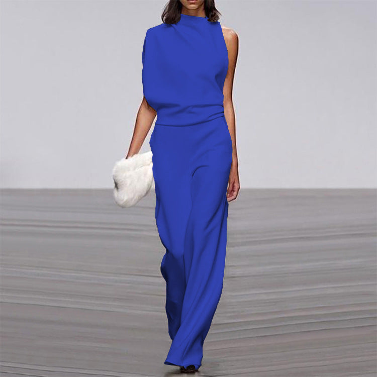 Solid Color One-Shoulder Pile Collar Jumpsuit LadyShow.Store