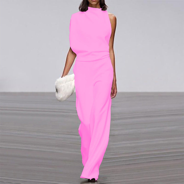 Solid Color One-Shoulder Pile Collar Jumpsuit LadyShow.Store