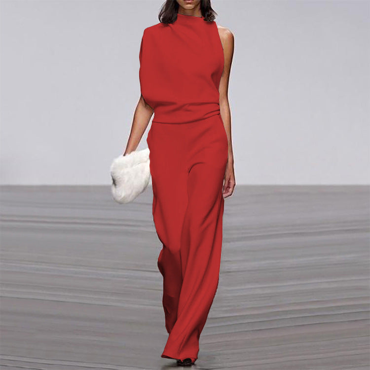 Solid Color One-Shoulder Pile Collar Jumpsuit LadyShow.Store