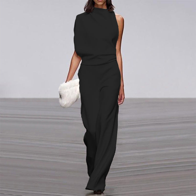 Solid Color One-Shoulder Pile Collar Jumpsuit LadyShow.Store