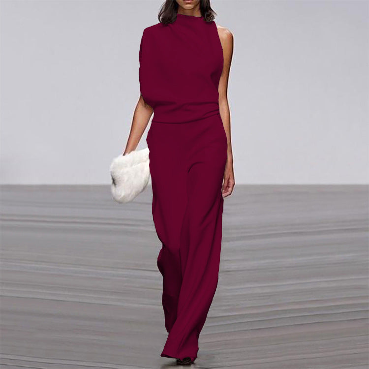 Solid Color One-Shoulder Pile Collar Jumpsuit LadyShow.Store