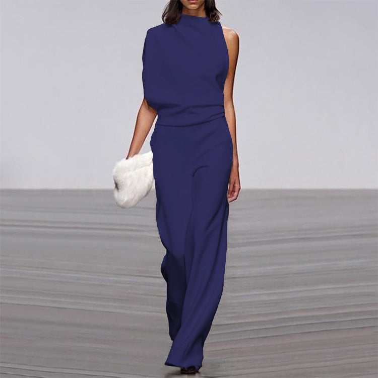 Solid Color One-Shoulder Pile Collar Jumpsuit LadyShow.Store