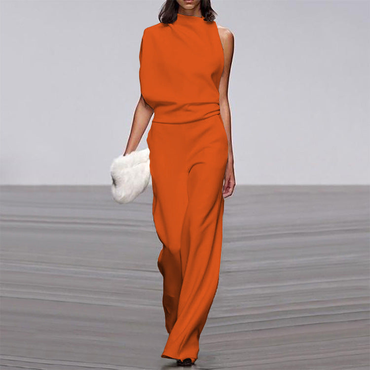 Solid Color One-Shoulder Pile Collar Jumpsuit LadyShow.Store