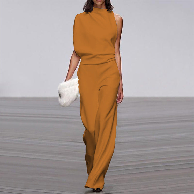 Solid Color One-Shoulder Pile Collar Jumpsuit LadyShow.Store