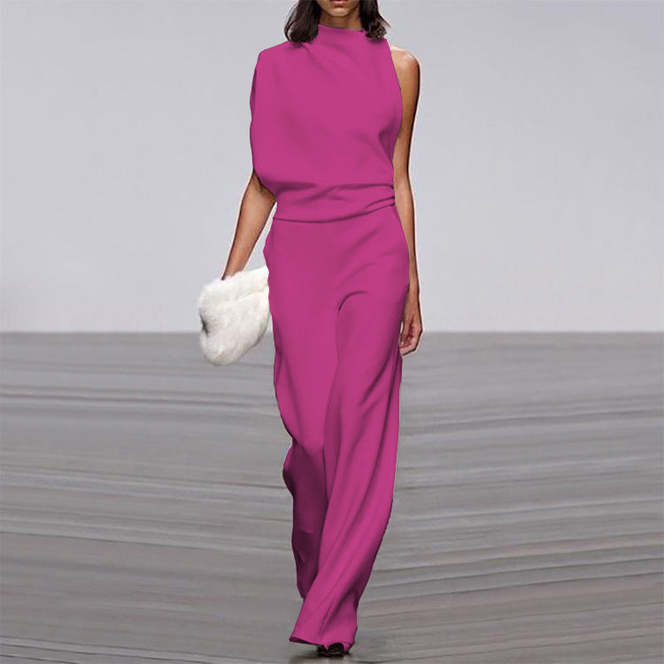 Solid Color One-Shoulder Pile Collar Jumpsuit LadyShow.Store