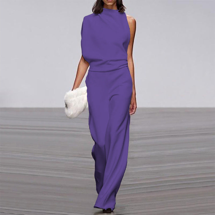 Solid Color One-Shoulder Pile Collar Jumpsuit LadyShow.Store