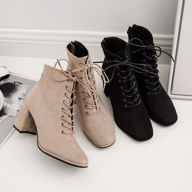 British Style Square Toe Thick Heel Lace High-heeled Martin Boots LadyShow.Store