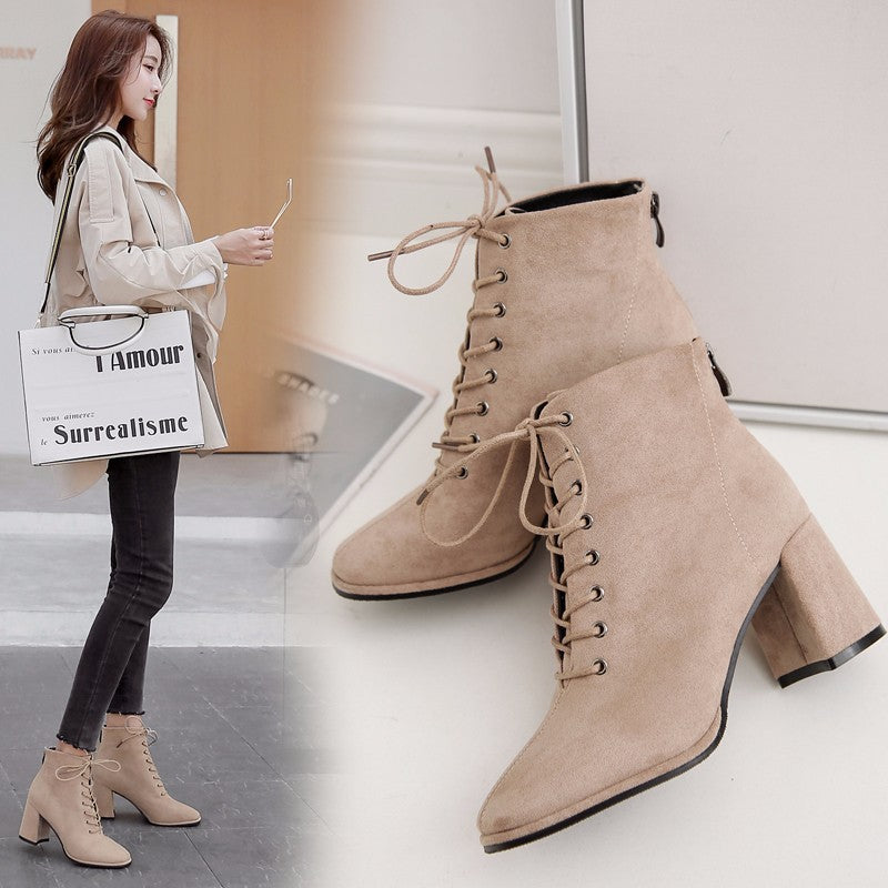 British Style Square Toe Thick Heel Lace High-heeled Martin Boots LadyShow.Store