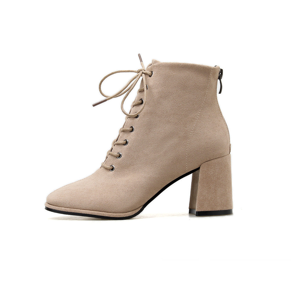 British Style Square Toe Thick Heel Lace High-heeled Martin Boots LadyShow.Store