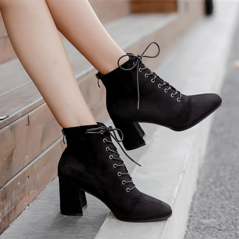 British Style Square Toe Thick Heel Lace High-heeled Martin Boots LadyShow.Store