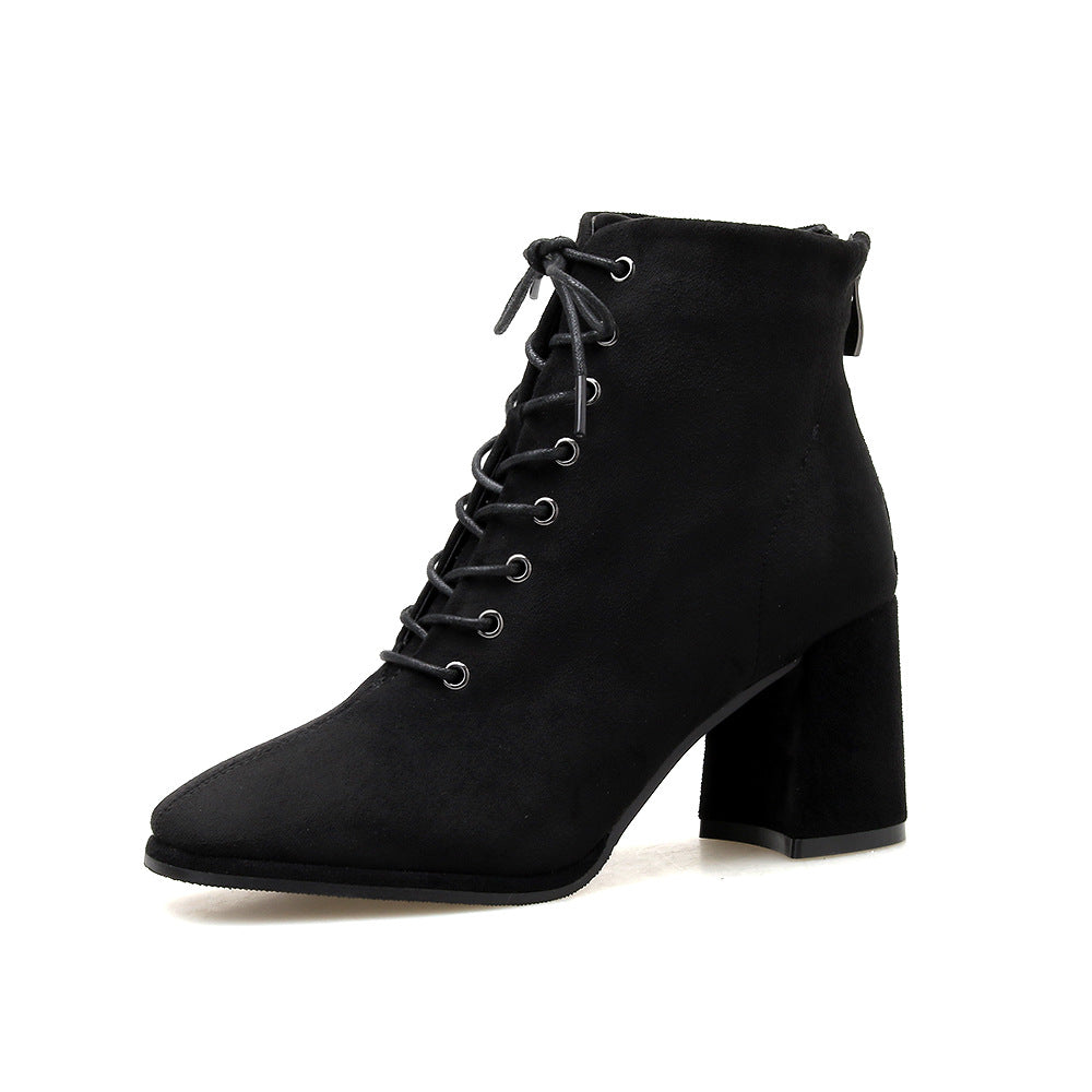 British Style Square Toe Thick Heel Lace High-heeled Martin Boots LadyShow.Store