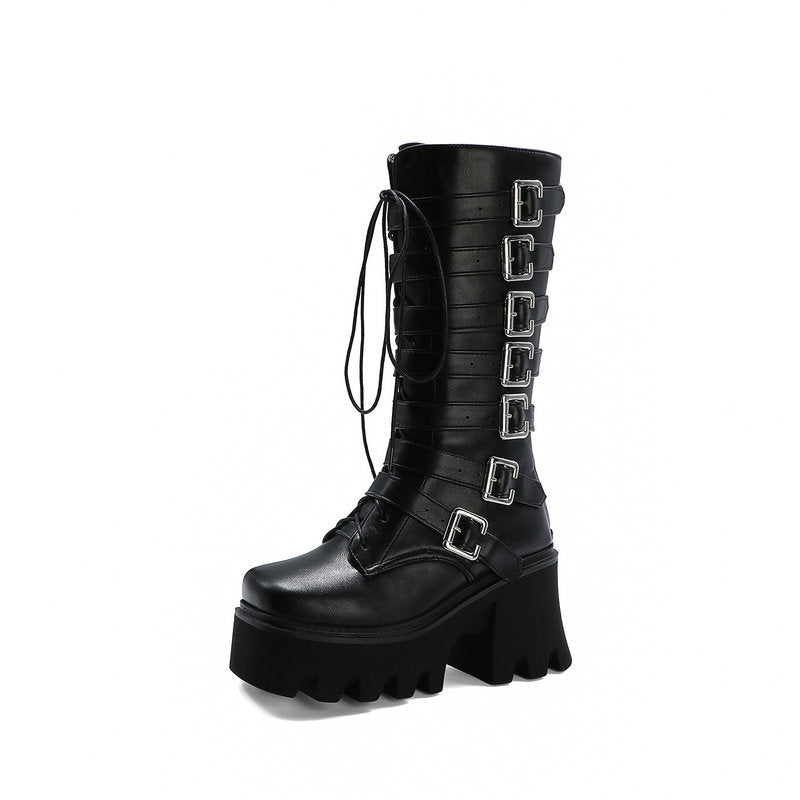 Thick-Heeled High-Heeled Women's Boots With Lace-Up Belt Buckle LadyShow.Store