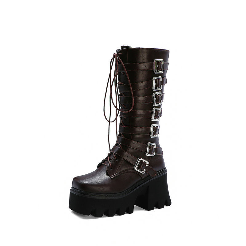 Thick-Heeled High-Heeled Women's Boots With Lace-Up Belt Buckle LadyShow.Store