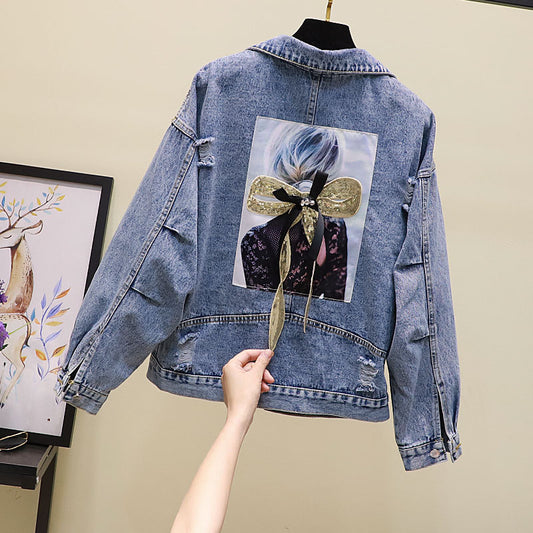 Ripped Sequined Denim Jacket Women Jacket Top CJD