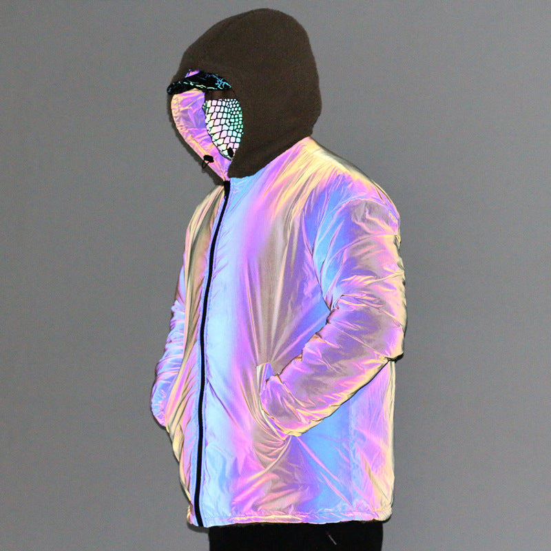 New Double-Sided Wear Colorful Reflective Jacket Men's Warm Jacket Best YouTube Store