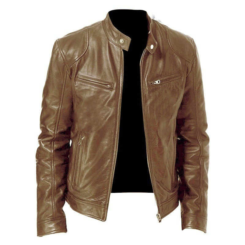 Men's Zip-up Cardigan PU Leather Jacket Fashion Pockets Stand Collar Short Tops Clothing Best YouTube Store