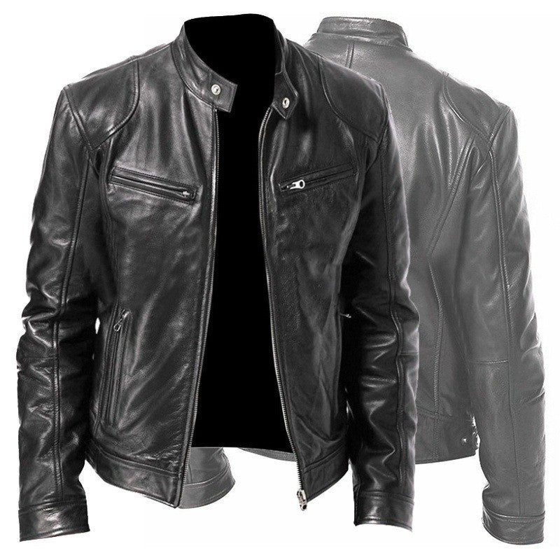 Men's Zip-up Cardigan PU Leather Jacket Fashion Pockets Stand Collar Short Tops Clothing Best YouTube Store