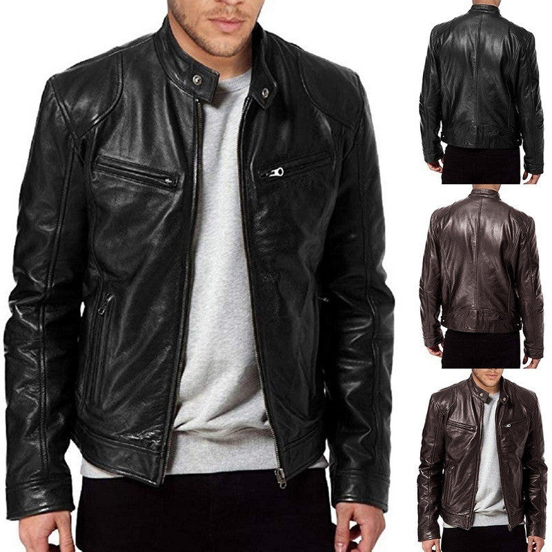 Men's Zip-up Cardigan PU Leather Jacket Fashion Pockets Stand Collar Short Tops Clothing Best YouTube Store