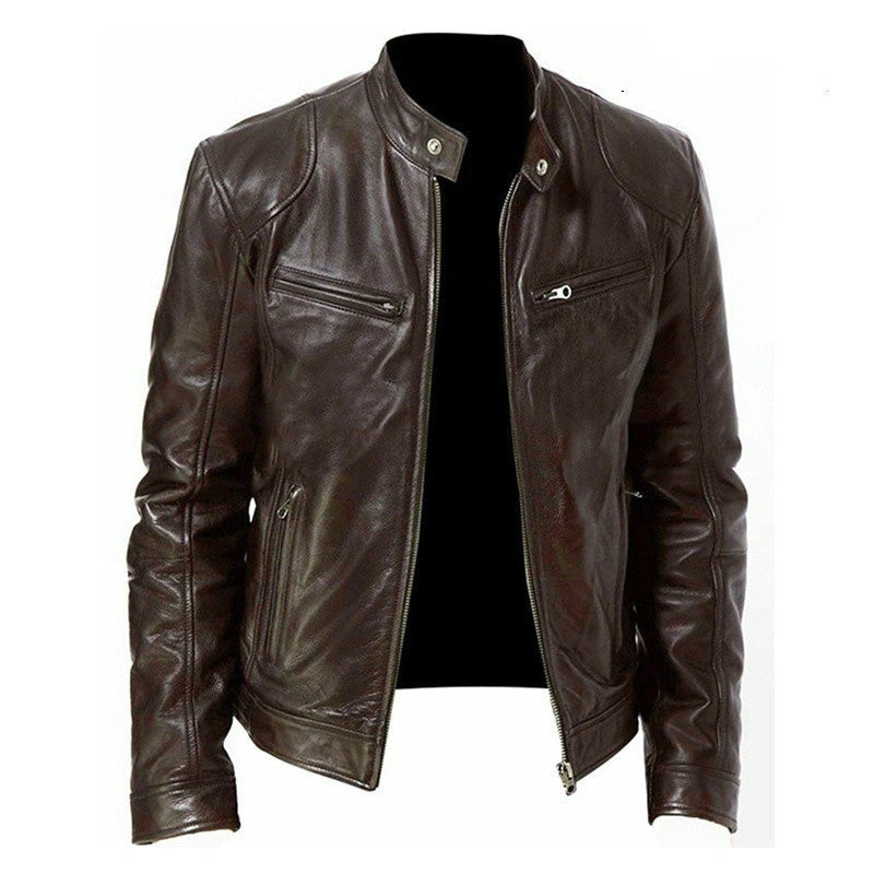 Men's Zip-up Cardigan PU Leather Jacket Fashion Pockets Stand Collar Short Tops Clothing Best YouTube Store