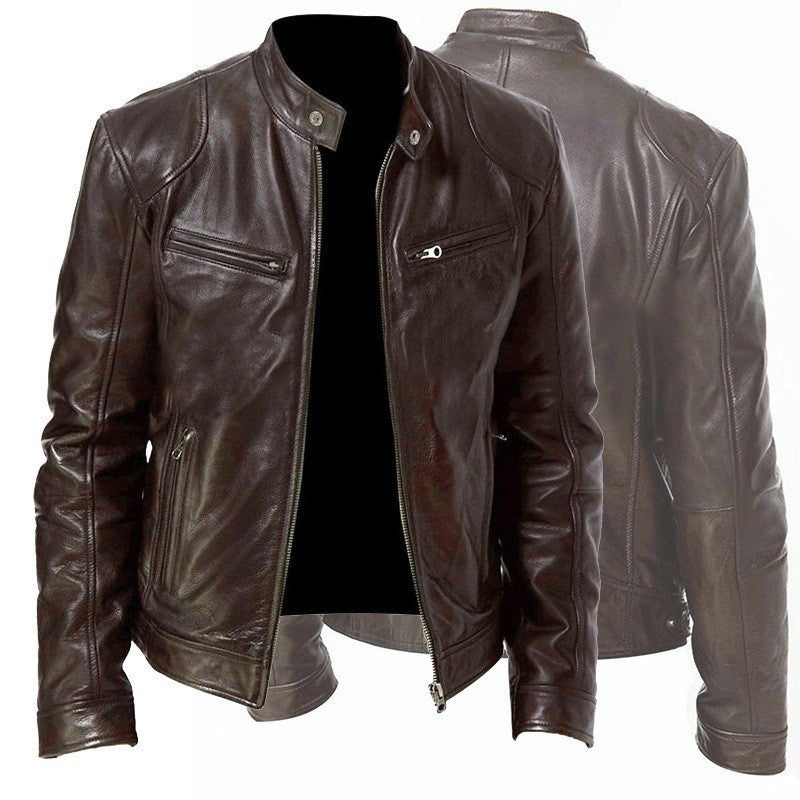 Men's Zip-up Cardigan PU Leather Jacket Fashion Pockets Stand Collar Short Tops Clothing Best YouTube Store