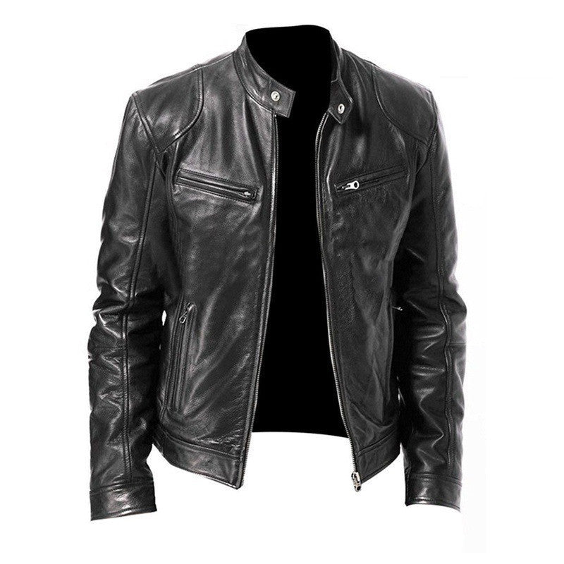 Men's Zip-up Cardigan PU Leather Jacket Fashion Pockets Stand Collar Short Tops Clothing Best YouTube Store