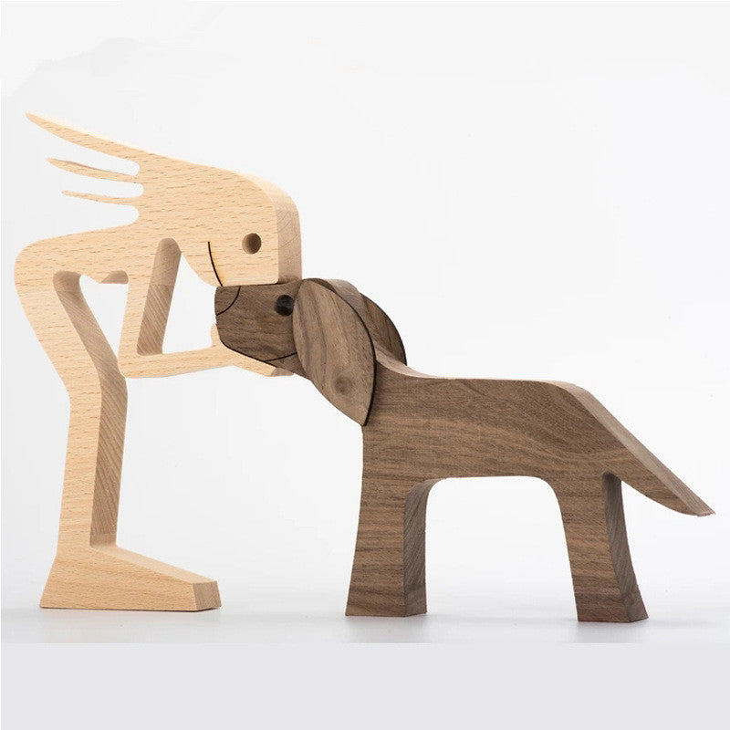 DIY Figurine Wood Dog Ornament Sculpture Home Decoration A Man A Dog Wood Sculpture Christmas Gifts Model Decor PearlNestDecor.com