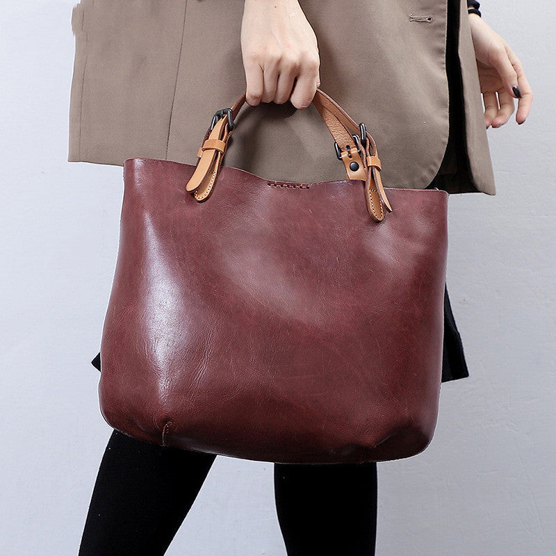 Vintage First-Layer Cowhide Mother & Child Handbag - Retro Dumpling-Style Leather Tote with Genuine Leather Lining (30x26x11cm)Vintage First-Layer Cowhide Mother & Child Handbag - Retro Dumpling-Style Leather Tote with Genuine Leather Lining (30x26x11cm) LadyShow.Store