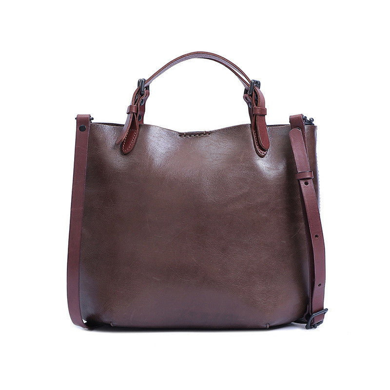 Vintage First-Layer Cowhide Mother & Child Handbag - Retro Dumpling-Style Leather Tote with Genuine Leather Lining (30x26x11cm)Vintage First-Layer Cowhide Mother & Child Handbag - Retro Dumpling-Style Leather Tote with Genuine Leather Lining (30x26x11cm) LadyShow.Store