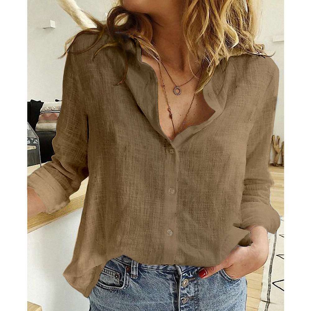 Lapel Long Sleeve Shirt Fashion Solid Color Button Top Women's Clothing NorixaFashion.com