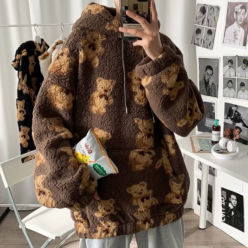 Hooded Sweater Men's Tide Ins Korean Cartoon Printed Lamb Velvet Jacket Thickened Loose Trend Student Clothes