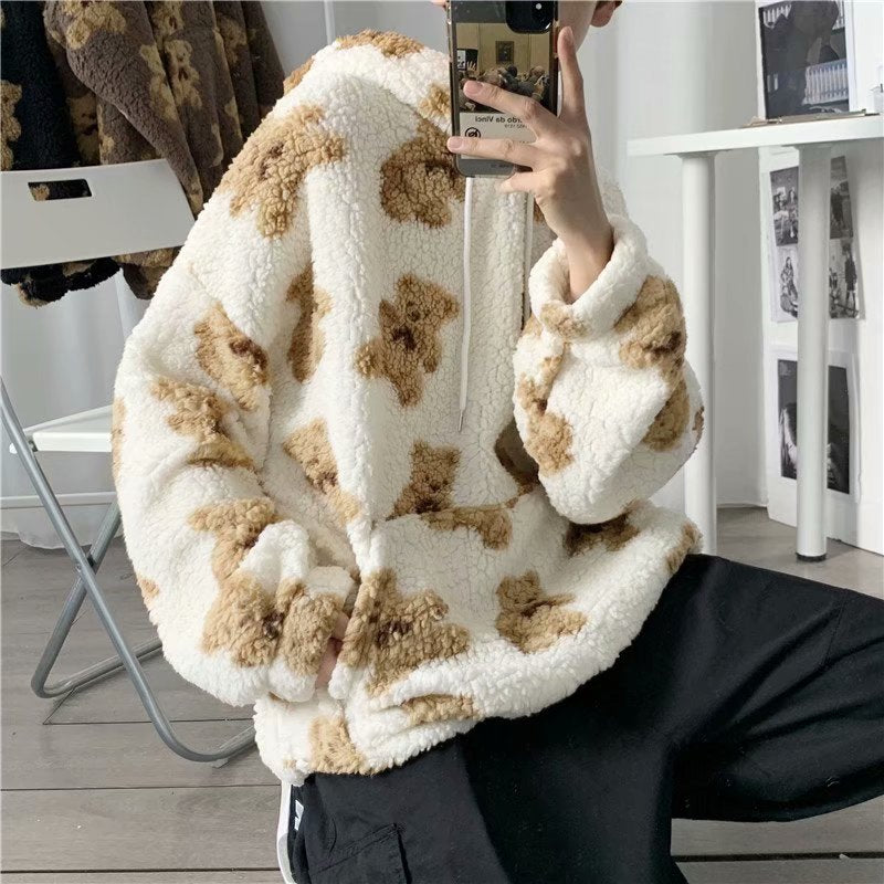 Hooded Sweater Men's Tide Ins Korean Cartoon Printed Lamb Velvet Jacket Thickened Loose Trend Student Clothes