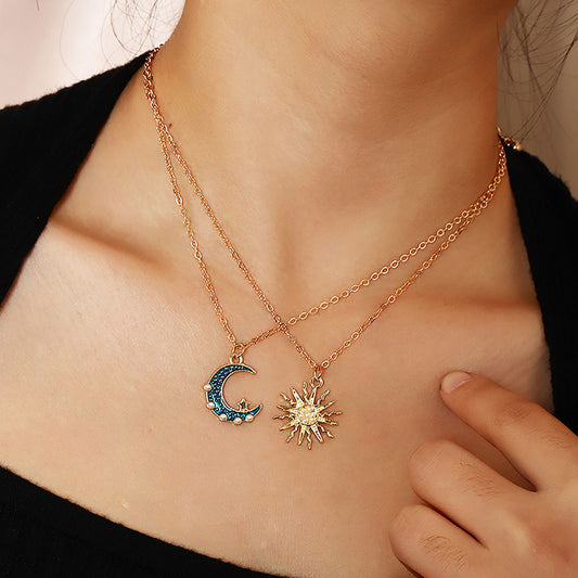Sun Moon Necklace Blue Gold Stainless Steel Pendant Necklaces Jewelry CJD2
