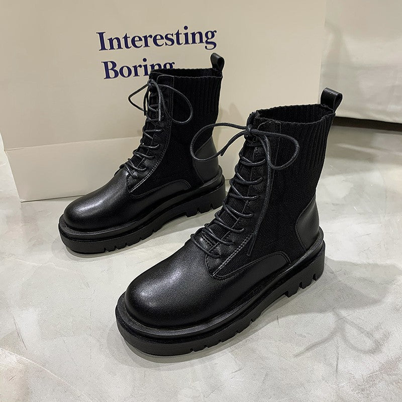 Women's Solid Color Low-Top Autumn Front Lace-up Round-Toe Thick-Heeled High-Top Black Martin Boots LadyShow.Store