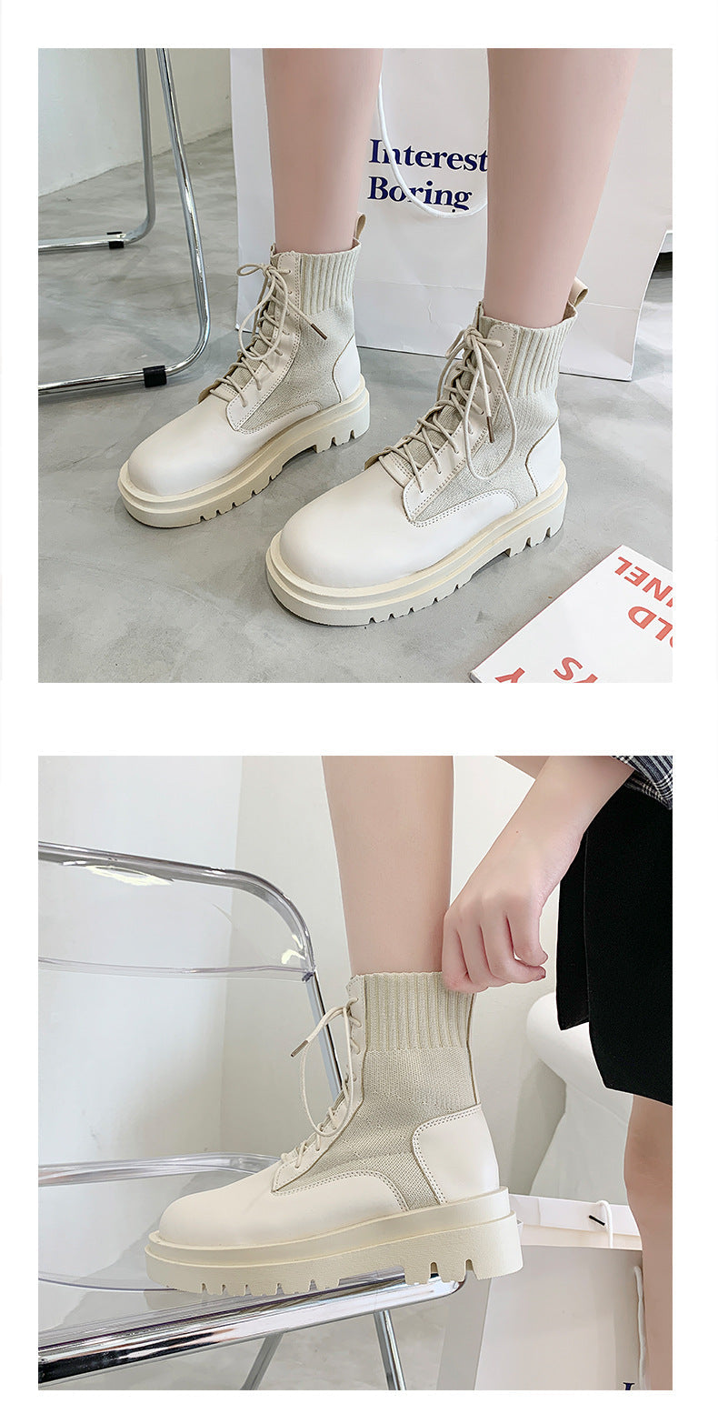 Women's Solid Color Low-Top Autumn Front Lace-up Round-Toe Thick-Heeled High-Top Black Martin Boots LadyShow.Store